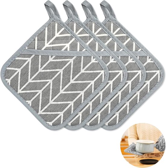 Set van 4 Hittebestendige Keuken Pothouders van Katoen 17 x 17 cm - Ideaal voor Ovens, Pannen en Kookaccessoires in Grijs van Merkloos