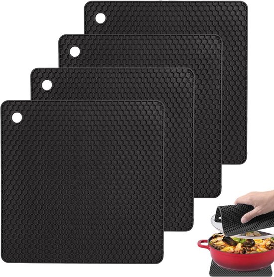 Set van 4 hittebestendige onderzetters van siliconen voor warmte-isolatie, antislip en bescherming tegen brandwonden, ideaal voor soeppotten en pannen