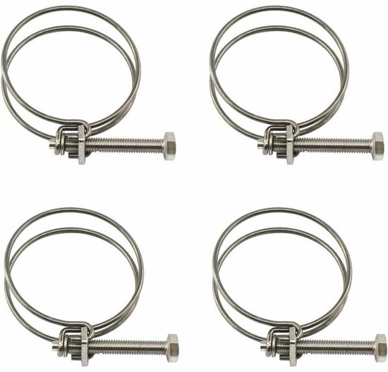 Set van 4 roestvrijstalen dubbeldraads slangklemmen van 63 tot 70 mm