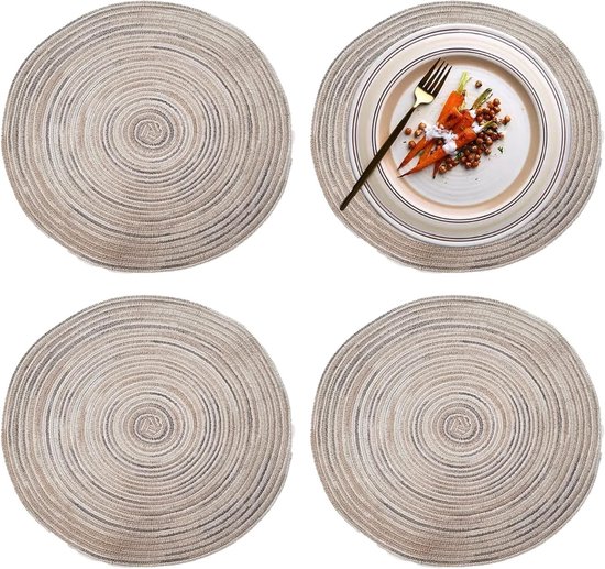Set van 4 Ronde Katoenen Tafelonderleggers voor Warmte-isolatie, Antislip en Kr scratchbestendig, Decoratief voor Eettafels in Grijs
