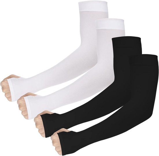Set van 4 UV-beschermende armmouwen voor sport - UPF 50 - Zwart en Wit - Met duimgat - Tattoo cover - Fietsen Golf Wandelen van Merkloos