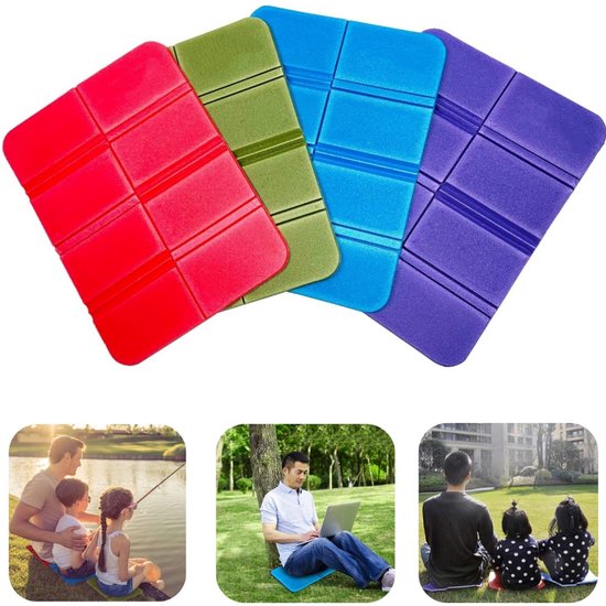 Set van 4 zitkussens – Kampeermatjes – Vochtbestendige buitenmatten – Opvouwbare zitmatjes – Waterdichte schuimmatten – Inclusief opbergtas – Voor wandelen, reizen, bergbeklimmen, kamperen, picknicken, vissen (38 x 28 cm – Meerkleurig)
