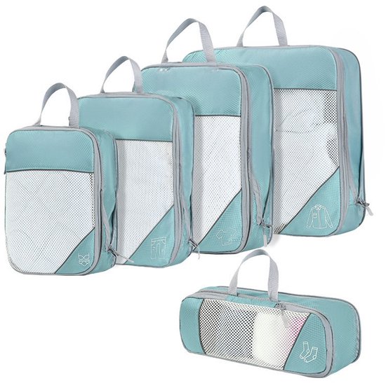 Set van 5 compressiezakken voor op reis, uitbreidbaar, scheurvast en waterdicht, geschikt voor het opbergen van kleding op reis en thuis, blauw.