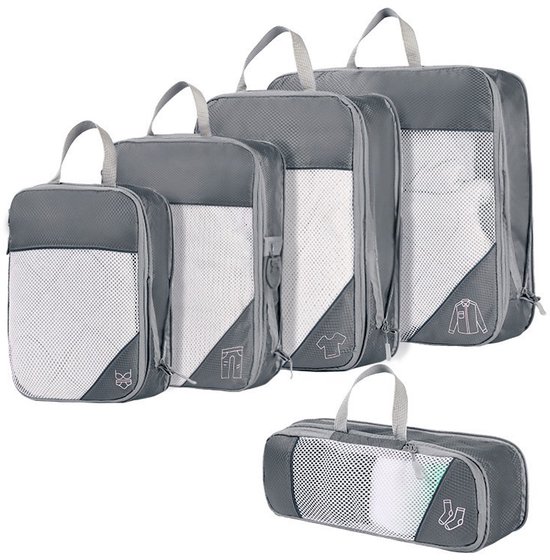 Set van 5 compressiezakken voor op reis, uitbreidbaar, scheurvast en waterdicht, geschikt voor het opbergen van kleding op reis en thuis, grijs.