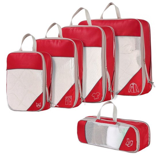 Set van 5 compressiezakken voor op reis, uitbreidbaar, scheurvast en waterdicht, geschikt voor het opbergen van kleding op reis en thuis, rood.