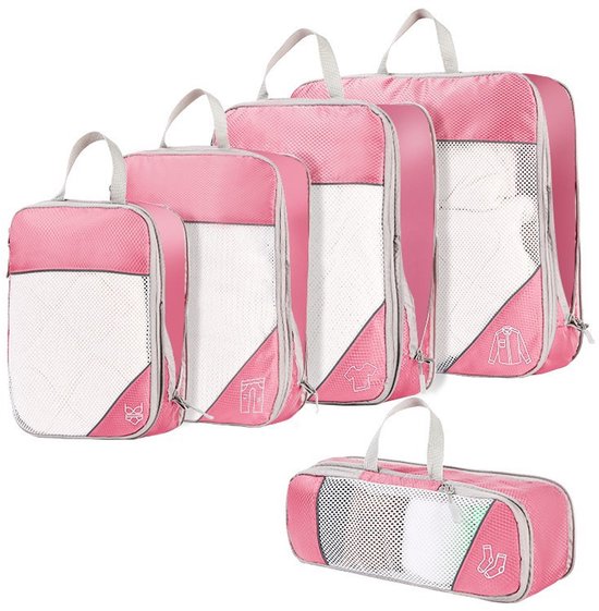 Set van 5 compressiezakken voor op reis, uitbreidbaar, scheurvast en waterdicht, geschikt voor het opbergen van kleding op reis en thuis, roze.