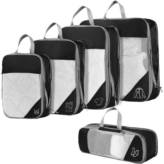 Set van 5 compressiezakken voor op reis, uitbreidbaar, scheurvast en waterdicht, geschikt voor het opbergen van kleding op reis en thuis, zwart.