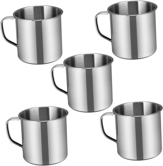 Set van 5 RVS Camping Koffiemokken - Ideaal voor Soep, Water en Dranken - Perfect voor Buitenactiviteiten zoals Wandelen, Jagen en Vissen