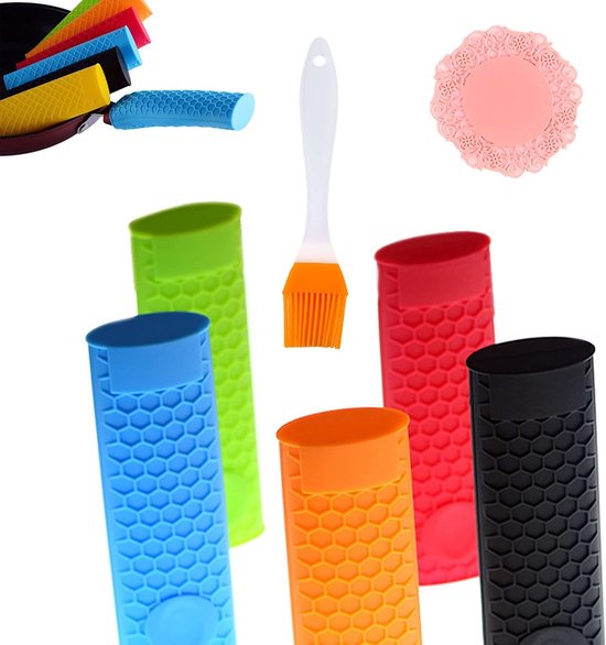 Set van 5 Thermische Siliconen Handgrepen - Beschermende Covers tegen Hitte voor Pannen, Casseroles en Pannenkoeken - Rood, Oranje, Groen, Zwart, Blauw