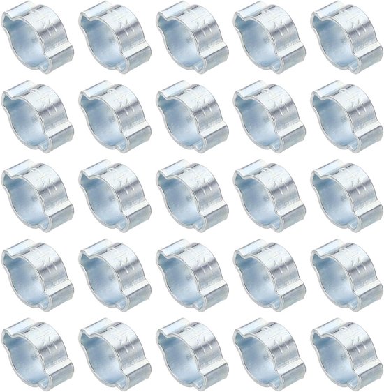 Set van 50 9-11mm Dubbele Oor Slangklemmen - Gegalvaniseerde Staal O-Clip Crimp Ringen voor Brandstof- en Gasleiding Aansluitingen - Zilverkleurig
