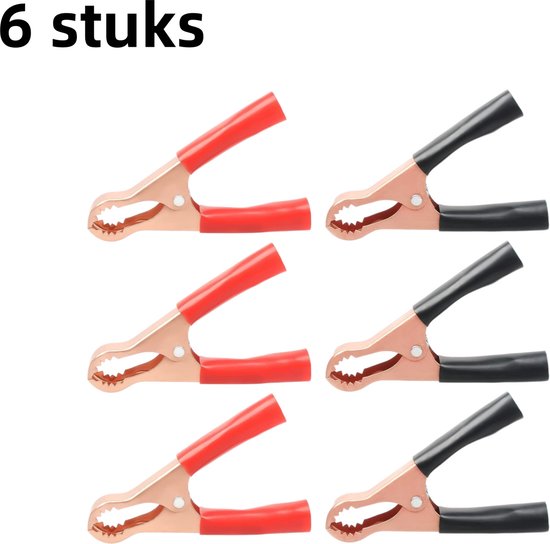 Set van 6 - 50A krokodillenklemmen - Geïsoleerde, zware metalen veerklemmen - Volledig koperen acculaadklemmen - Roestvrij staal - Rood en zwart van Merkloos