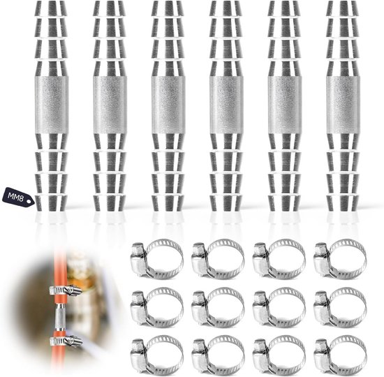 Set van 6 8mm Slangverbinders, 2-Weg I-Vorm, RVS Tulle Verbinder met 12 Slangklemmen, Geschikt voor Lucht, Brandstof en Gas