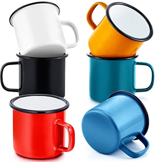 Set van 6 Emaille Koffiekopjes - 350 ml, Kleurvariaties voor Thuis, Camping, en Feesten