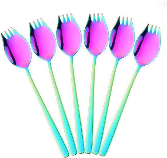 Set van 6 Regenboog Sporks van Roestvrij Staal voor Keuken en Buitenactiviteiten