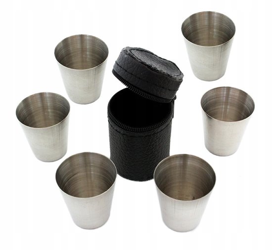 Set van 6 RVS Drinkbekers 30ml met Zwart Kunstlederen Etui