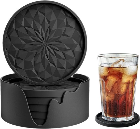 Set van 6 Siliconen Onderzetters met Houder - 10x10 cm Diamant Design, Antislip en Warmte-isolerend voor Dranken, Vaatwasserbestendig (Zwart)