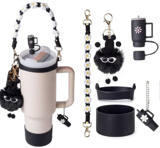 Set van 6 stuks - Stanley Cup accessoireset - Stanley Cup bedel - Stanley Cup handvat - Stanley Cup hanger - Stofdicht - Zwart - Gebruikt om de Stanley Cup te versieren - Beker en rietje niet inbegrepen