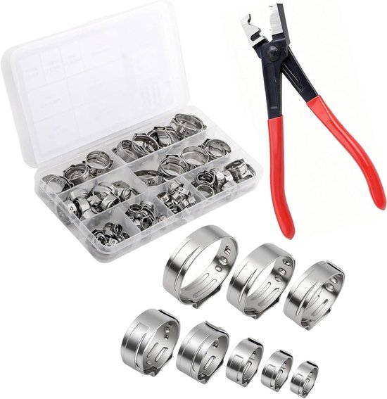 Set van 80 RVS Slangklemmen 6-23 mm in 8 Maten met Tang, Assortiment voor Brandstofleidingen en Waterslangen