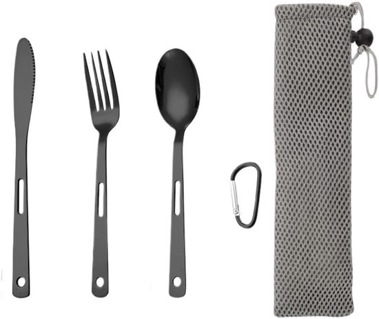 Set van drie stuks - Zilveren servies set - Outdoor camping roestvrijstalen mes vorklep set - Reizen draagbare koffer - met klimknop, opvangtas - Zwart