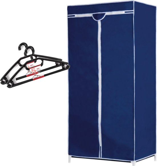 Set van mobiele opvouwbare kledingkast met blauwe hoes 160 cm en 10x plastic kledinghangers zwart van Claranet
