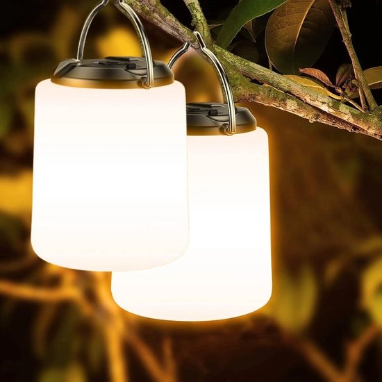 Set van twee oplaadbare campinglampen, 3000K warm wit licht, instelbare helderheid, 3 lichtstanden, meer dan 10 uur batterijduur, waterdicht.