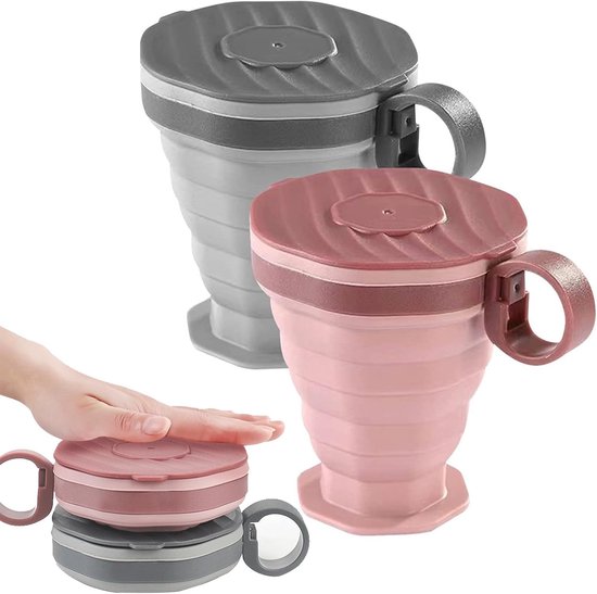 Set van twee opvouwbare koffiemokken - siliconen mokken - met plastic deksels - opvouwbare reismokken - herbruikbare draagbare mokkenset - geschikt voor kamperen en wandelen - grijs + roze