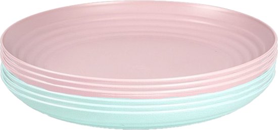 Setje van 10x stuks ronde kunststof diner/ontbijt borden in het groen en roze 25 cm van Nuphar.