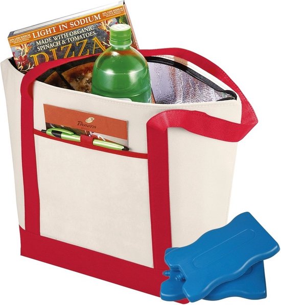 Shoppartners draag Koeltas - hengsels - naturel/rood - met 4x koelelementen van 200 ml - 44 x 34 x 15 cm