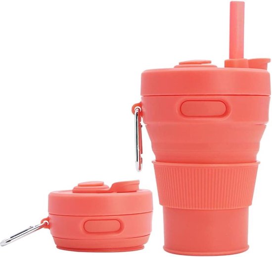 Silicone Coffee Mug Collapsible Cups for Camping - Folding Travel with Straw - Reusable Portable Drinking Cups for Outdoor Hiking - 450ml Capacity Silicone Foldable Cup van Vech.