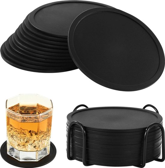 Siliconen onderzetters - 10 cm, antislip - 12 stuks - Zwart - Siliconen materiaal van Merkloos