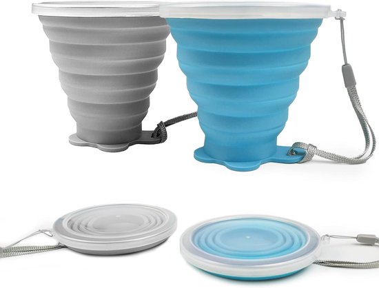 Siliconen opvouwbare beker, 2-pack inklapbare reismokken, opvouwbare siliconen bekers met plastic afdichtdeksel, herbruikbare draagbare bekerset voor picknicken, kamperen, outdoor wandelen reizen