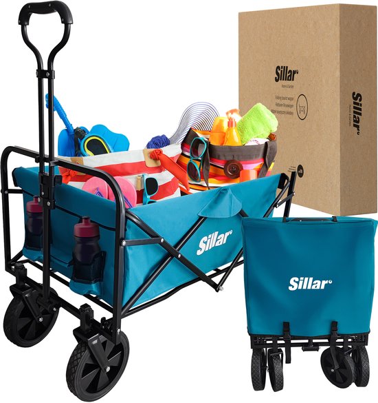 Sillar, Opvouwbare Reiskar, met met antislip handgreep, 100 L, draagvermogen tot 80 kg, 4 versterkte PVC wielen, waterdichte stof, 2 extra drankcompartimenten aan de voorkant, voor de tuin, het vervoeren van gereedschap, zwaardere voorwerpen, blauw van Merkloos