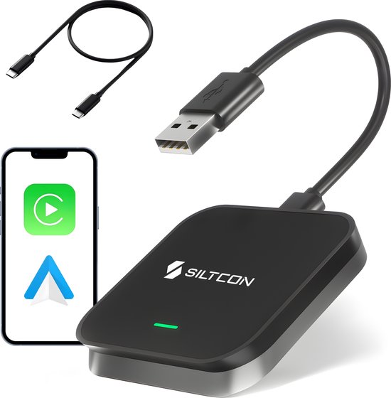 Siltcon® 2-in-1 Carplay Dongle - Android Auto Dongle - Carplay Apple - USB-A - USB-C - Zwart - Draadloos Carplay - 2025 model van Siltcon