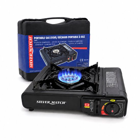 Silver Match Camping Kooktoestel - Camping Gasstel met Draagkoffer - Gasfornuis 2000 Watt - Gastoestel Camping 1 pit - Zwart