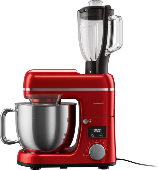 Silvercrest Keukenmachine - Vermogen: 900 W - Mengkom: 3,6 L - Standen: 8 + turbo - Rood - Met geïntegreerde weegschaal voor wegen in de mengkom - Kneedhaak met Teflon® antiaanbaklaag - Blenderopzetstuk met RVS mes van SilverCrest