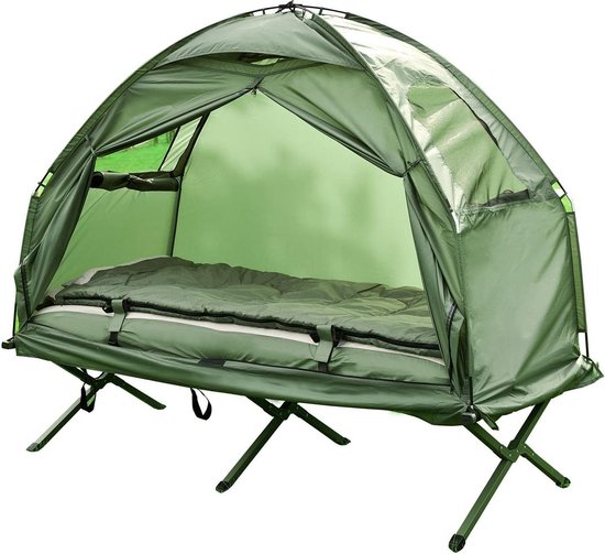 Simpletrade Tent - Veldbed - Slaapzak - Opblaasbaar kussen - Voetluchtpomp - 194x87x165 cm van Simpletrade
