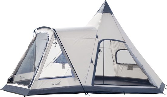 Skandika 460 Protect Plus Tipi – Tipi-tenten - 6 persoons tipi tent – Tenten - Campingtent – Ingenaaide tentvloer – 3000mm waterkolom - Muggengaas – 195 cm stahoogte – 545 x 460 x 295 cm (LxBxH) – Outdoor, Camping, Tuin – Kamperen - beige/grijs van Skandika