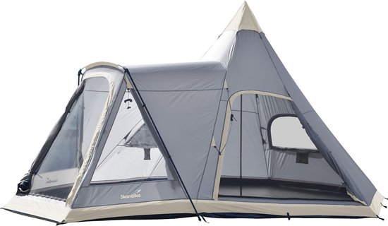 Skandika 460 Protect Plus Tipi – Tipi-tenten - 6 persoons tipi tent – Tenten - Campingtent – Ingenaaide tentvloer – 3000mm waterkolom - Muggengaas – 195 cm stahoogte – 545 x 460 x 295 cm (LxBxH) – Outdoor, Camping, Tuin – Kamperen - grijs/beige van Skandika