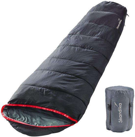 Skandika Alaska-R Slaapzak - Mummieslaapzakken – Slaapzakken volwassen - Maat M – Unisex - Katoen, polyester, luxe kwaliteit, dubbele slaapzak, comfortabele hoofdgedeelte, draagtas meegeleverd, tot -10°C - 220 x 80 cm – Ritssluiting rechts - zwart van Merkloos