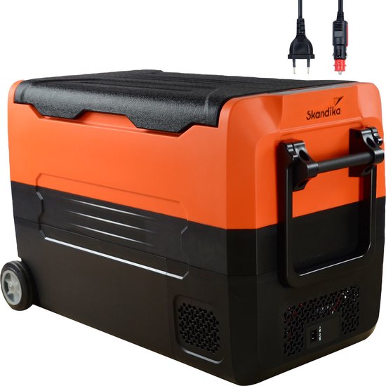 Skandika Auto-Koelbox 45 Liter – Koelboxen - 45 L +10 ° tot -20 °C - Compressor koelbox met tussenschot, stil, eco-modus, met 12 V stekker of netadapter voor stopcontact - Camping koelkast voor auto, vrachtwagen, bus, camper – oranje/zwart van Merkloos
