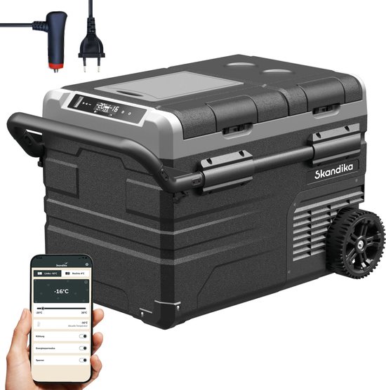 Skandika Auto-Koelbox Routa 35 Liter – Koelboxen - 35 L +20 ° tot -20 °C - Compressor koelbox met tussenschot, stil, eco-modus, met 12 V stekker of netadapter voor stopcontact – Met App - Camping koelkast voor auto, bus, camper – zwart/grijs van Skandika