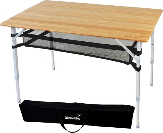 Skandika bamboe campagnetafel Tolja - Opvouwbare tafel met net-opbergruimte, diverse maten, 3-voudig in hoogte verstelbaar, aluminium, hout, weerbestendig, UV-bestendig | Klaptafel voor camping, tuin, balkon