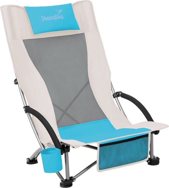 Skandika Beach Klapstoel - Stoel - Comfortabele strandstoel - Campingstoel - Lichtgewicht - Bekerhouder - Makkelijk te vervoeren - Max. 136 kg - 59 x 70 x 85 cm (BxDxH) - Opvouwbare ligstoel - Strand, kamperen, festival, vissen - beige/turquoise van Skandika