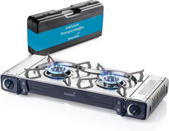 Skandika Brann Gasfornuis – Campingkooktoestellen - 2-pits, robuust campingfornuis voor gaspatronen MSF-1A, 227g, roestvrij staal, traploos regelbaar, piëzo aansteker, kunstof koffer – 63 x 28 x 12 cm (L x B x H) - Campinggrill – zwart/blauw van Skandika