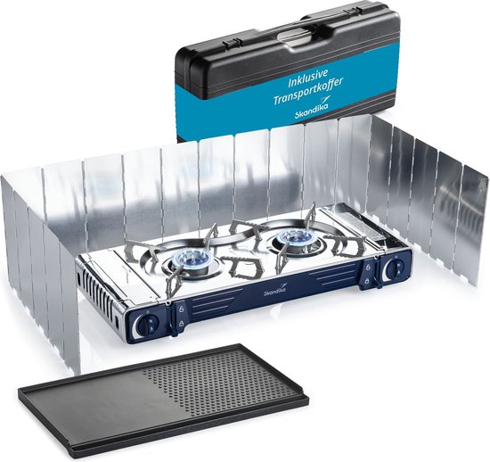 Skandika Brann Gasfornuis Set – Campingkooktoestellen - 2-pits, robuust campingfornuis voor gaspatronen MSF-1A, 227g, roestvrij staal, traploos regelbaar, piëzo aansteker, kunstof koffer – 63 x 28 x 12 cm (L x B x H) - Campinggrill – zwart/blauw van Skandika