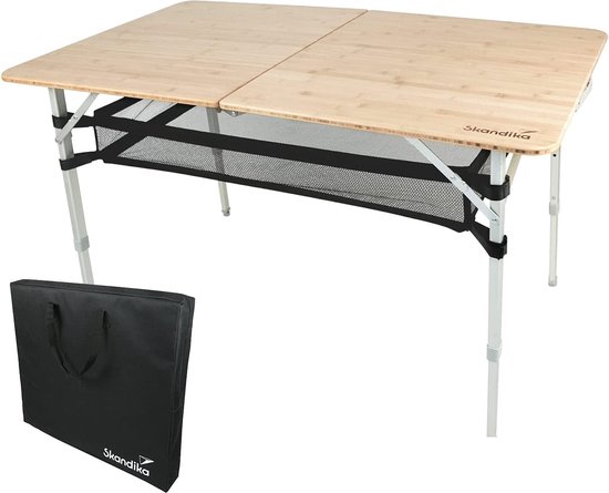 Skandika campagnetafel Tolja van bamboe en aluminium - Klaptafel met opbergnets, 120x70 cm, 3-voudig in hoogte verstelbaar van 48 - 70 cm hoog, robuust, onderhoudsvriendelijk | Opvouwbare tafel voor camping, tuin, balkon