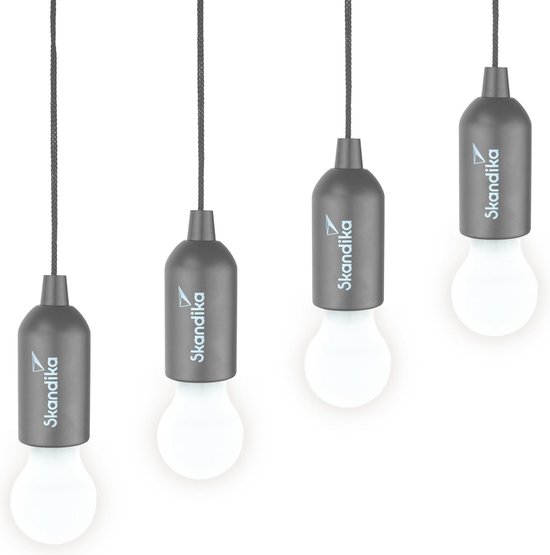 Skandika Camping Lamp Narvik - Tentlampen - Lamp op batterijen - Set van 4, LED Lamp, Batterij Werkende Lamp met Trekschakelaar, Opknoping, Camping Accessoires, Draagbare Tentlamp | Camping, Festivals, Garage, Kelder [Energieklasse E] - grijs van Skandika