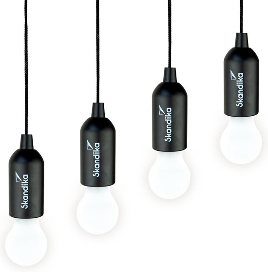 Skandika Camping Lamp Narvik - Tentlampen - Lamp op batterijen - Set van 4, LED Lamp, Batterij Werkende Lamp met Trekschakelaar, Opknoping, Camping Accessoires, Draagbare Tentlamp | Camping, Festivals, Garage, Kelder [Energieklasse E] - zwart van Skandika