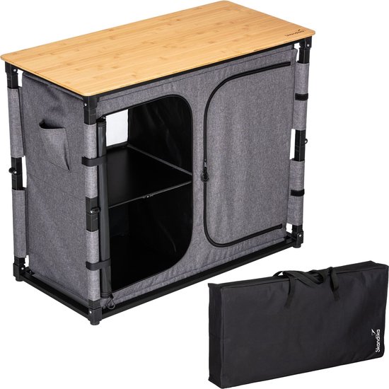 Skandika campingkast Triabo - Bamboe werkblad, opvouwbare outdoor kast, 4 vakken met vaste legplanken, onderverdeeld, draagtas, campingkeuken | campingaccessoires, outdoor keuken, tent van Merkloos