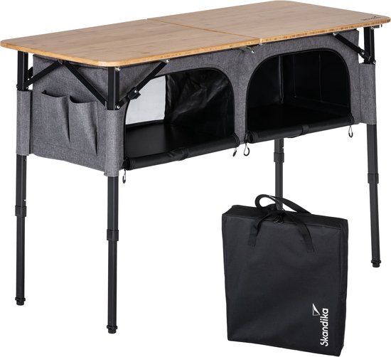 Skandika campingtafel met kast Tolja - Outdoor bamboe klaptafel met opbergruimte, in hoogte verstelbaar, inklapbaar, campingkast met legplanken, draagtas | campingmeubilair, tuin, balkon van Merkloos